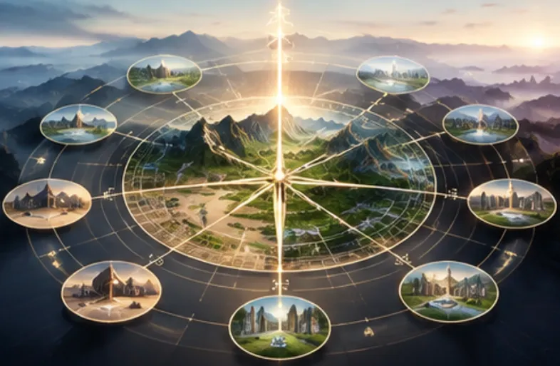 卫星实景地图上的二十四山方位圆环